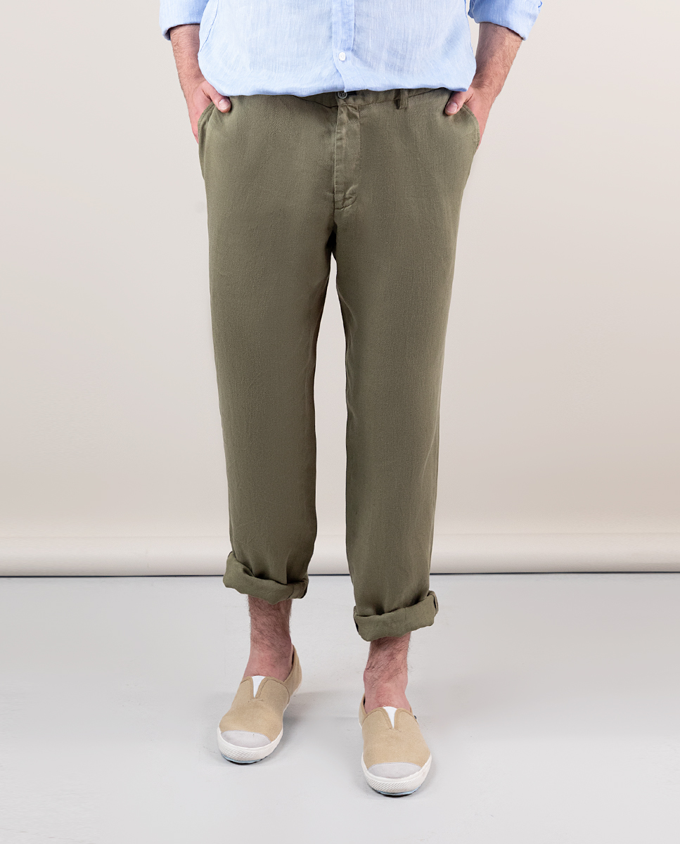 Pantalon Teint Sur Pièce Lin Vert