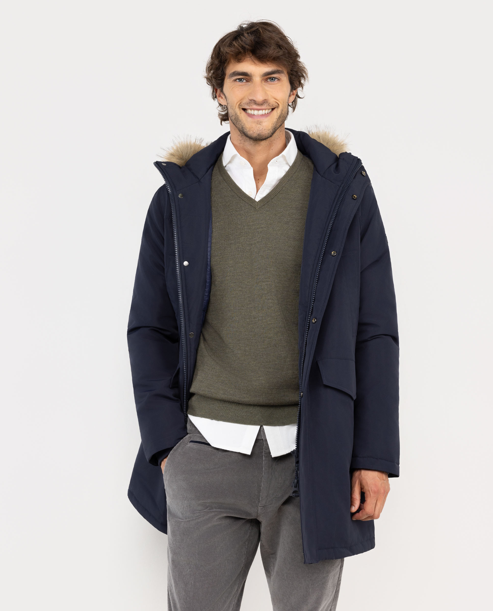 Abrigo Largo Marino Capucha Pelo