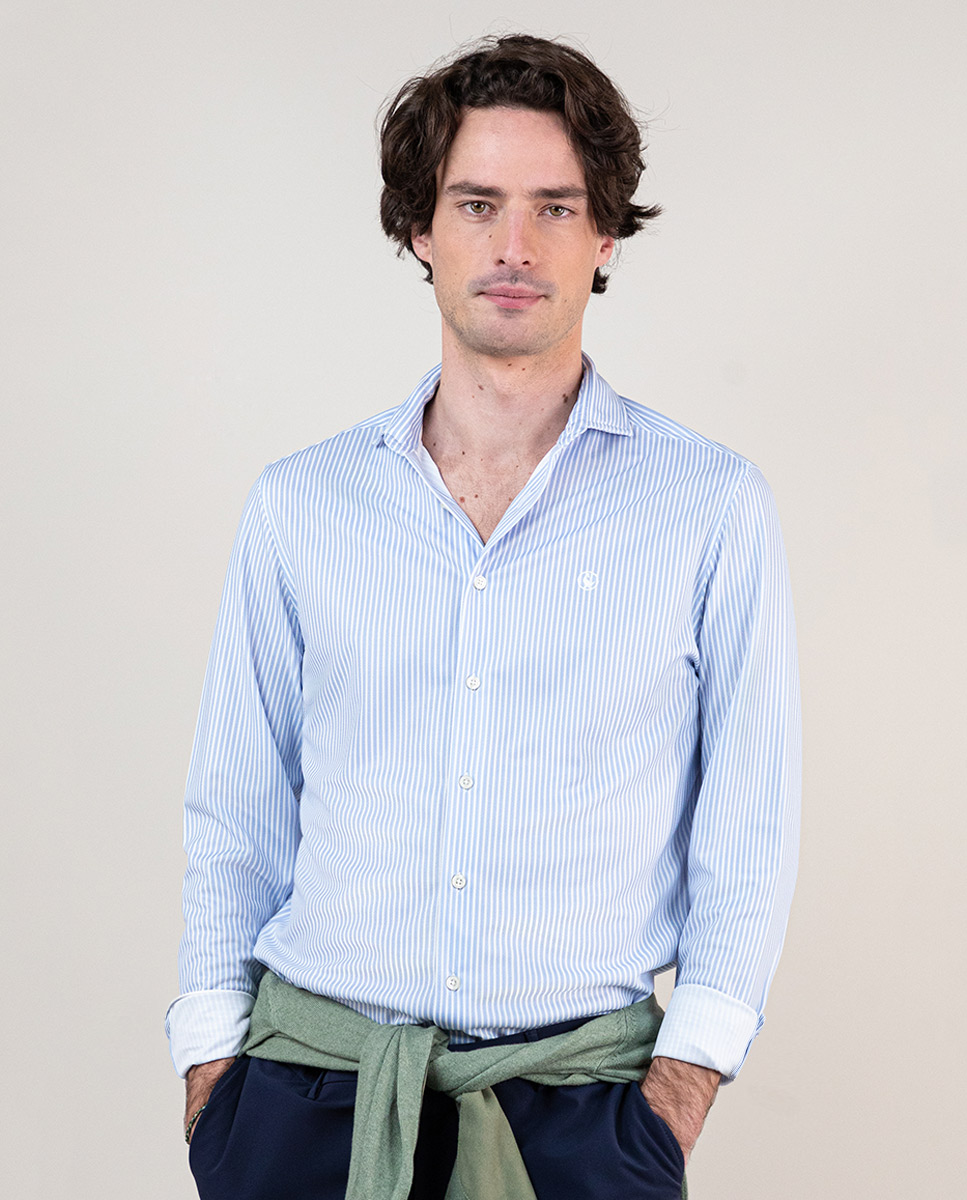 Hemd Sepiia Gestreift Bucher Himmelblauer Grund