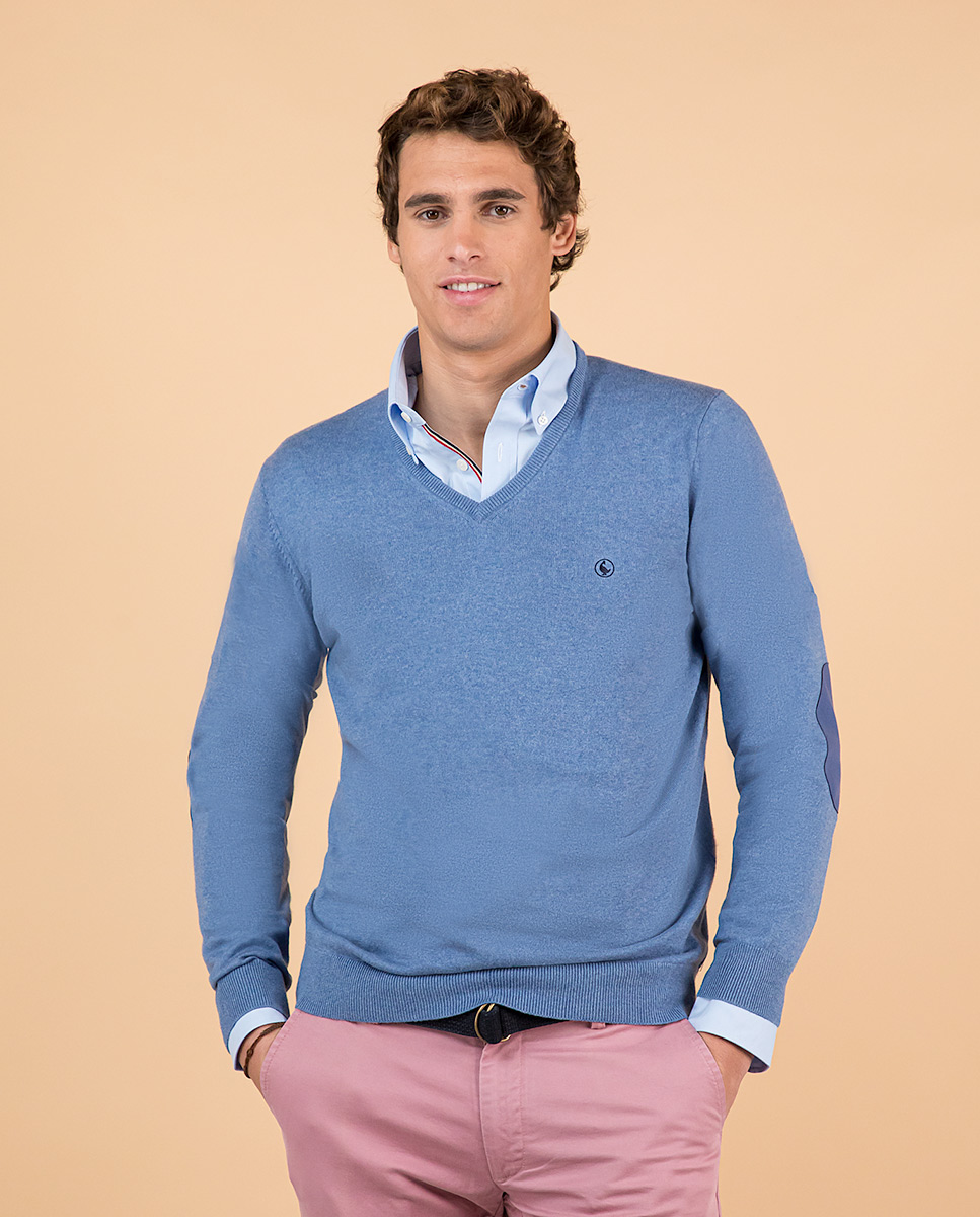 Indigo V-neck Jumper W Elbow Patches  