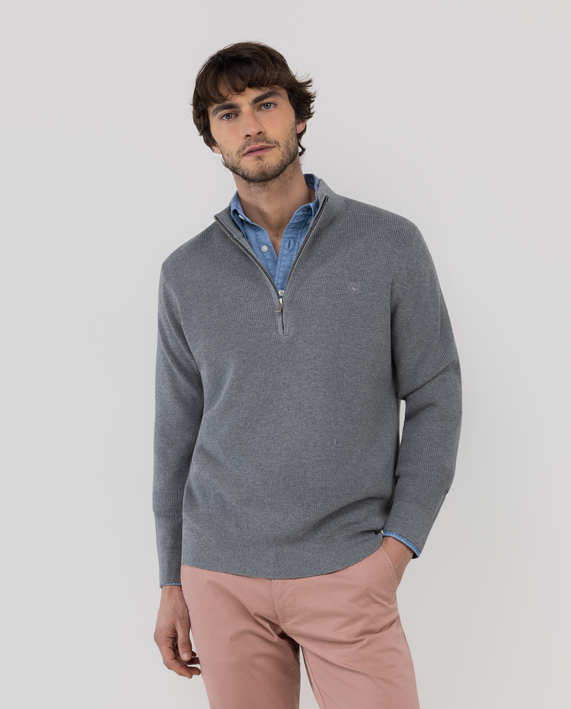 Jersey Punto Inglés Punto Cremallera Gris