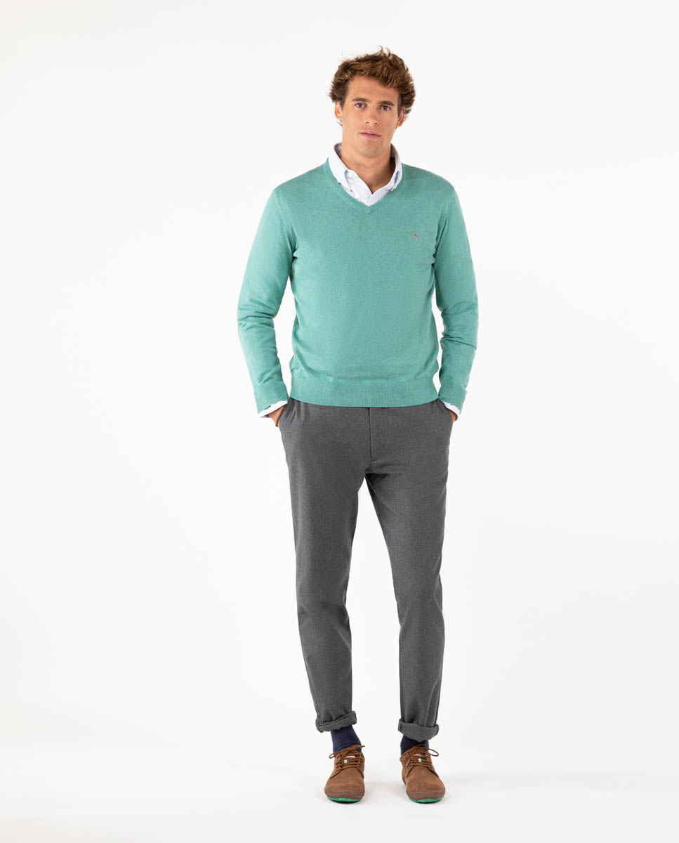 Mint Green V-Neck Jumper with Elbow Patches