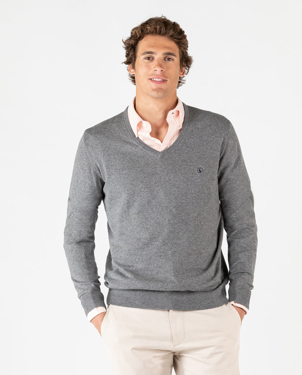 Grey Melange V-Neck Jumper with Elbow Patches