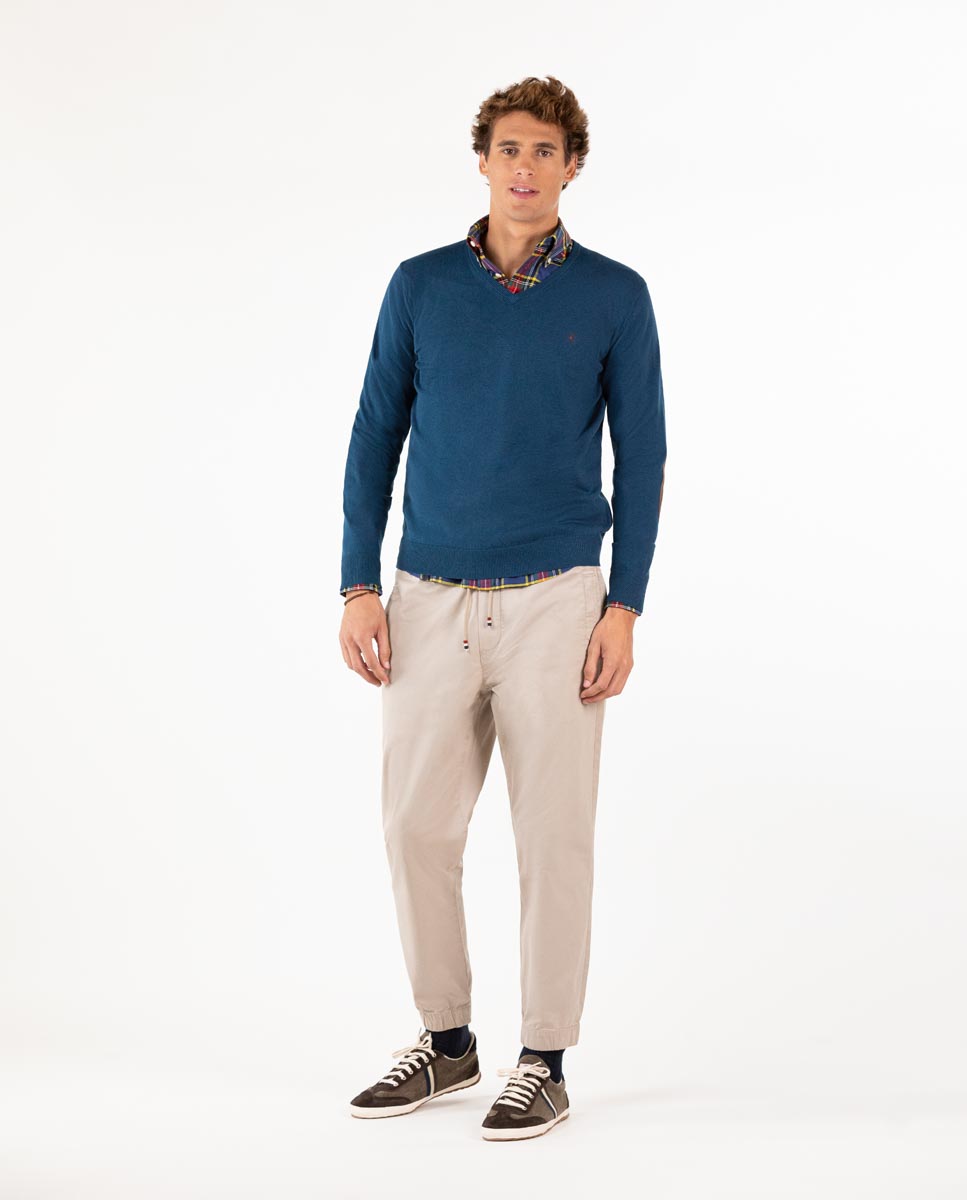 Parma Blue V-Neck Jumper with Elbow Patches