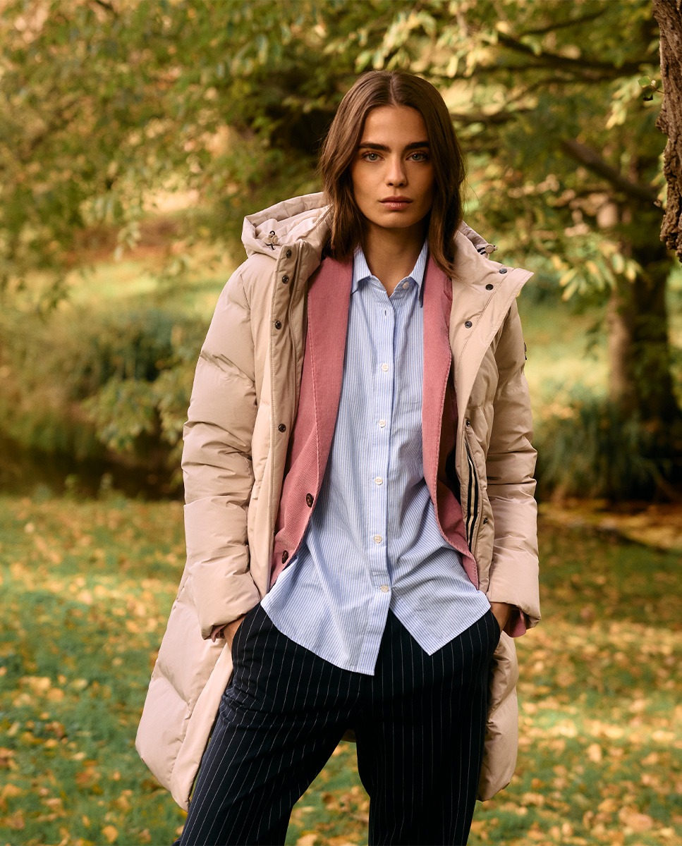 Abrigo Largo Plumas Crudo