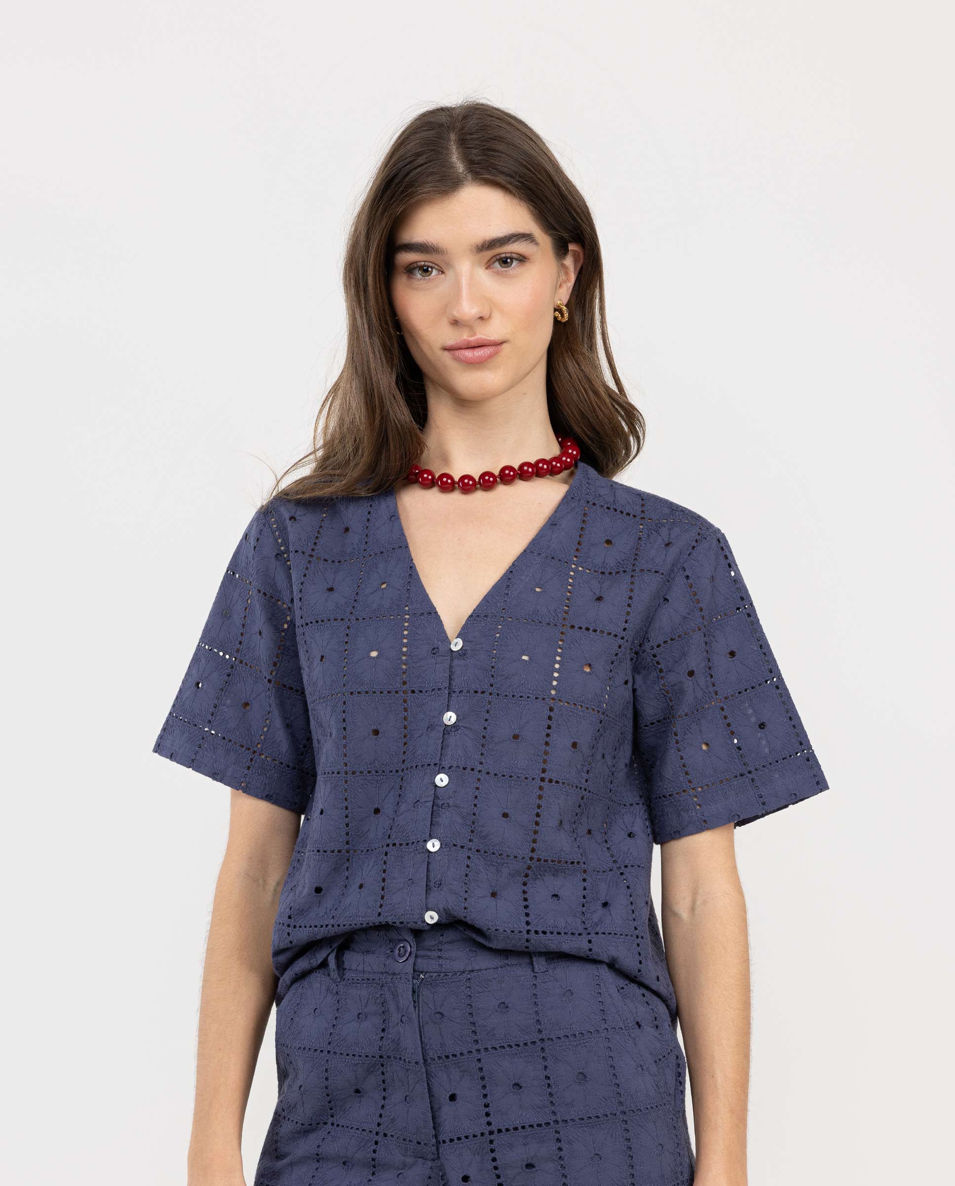 Camisa Lina Bordados Azul