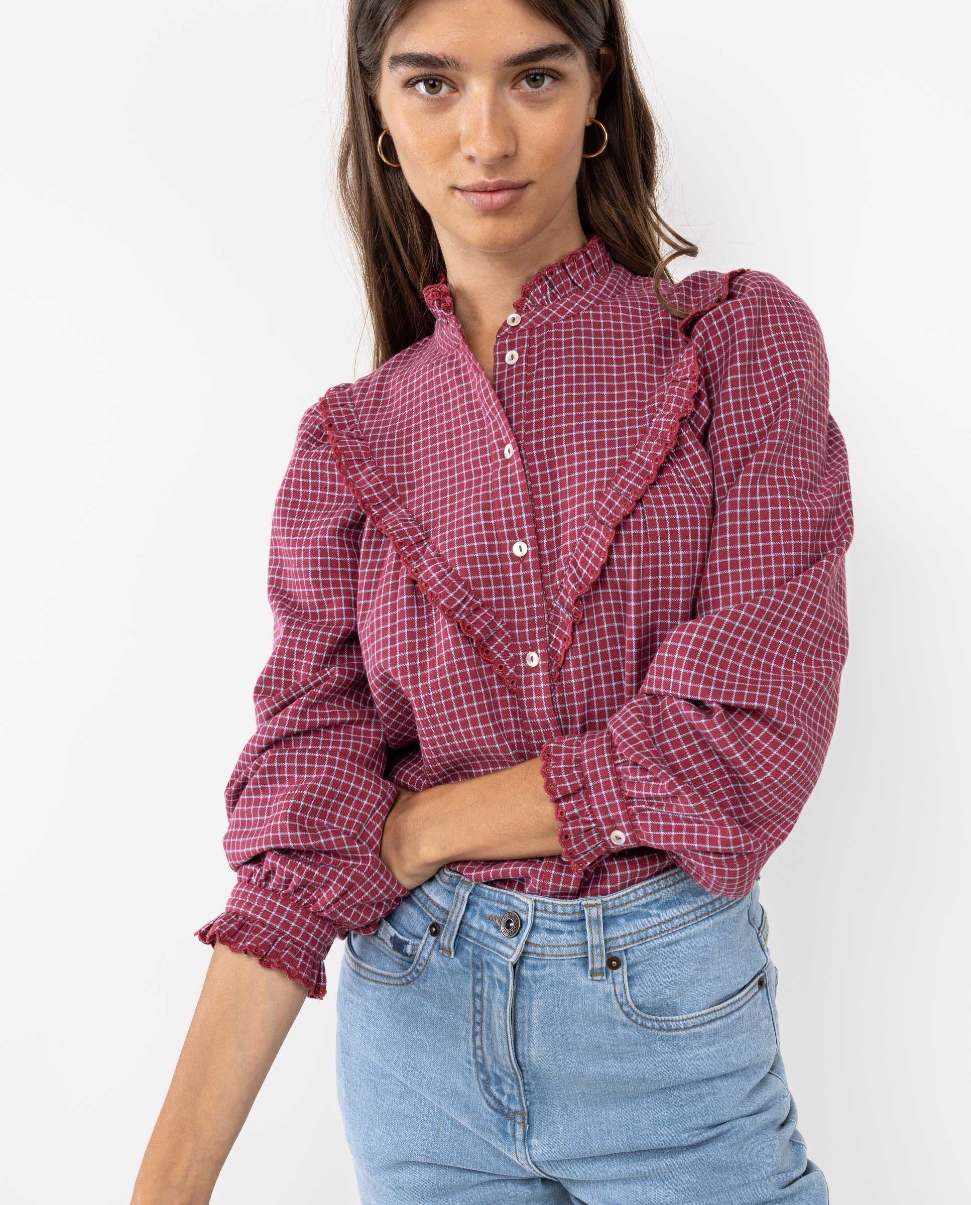 Blusa Volante Cuadros Burdeos