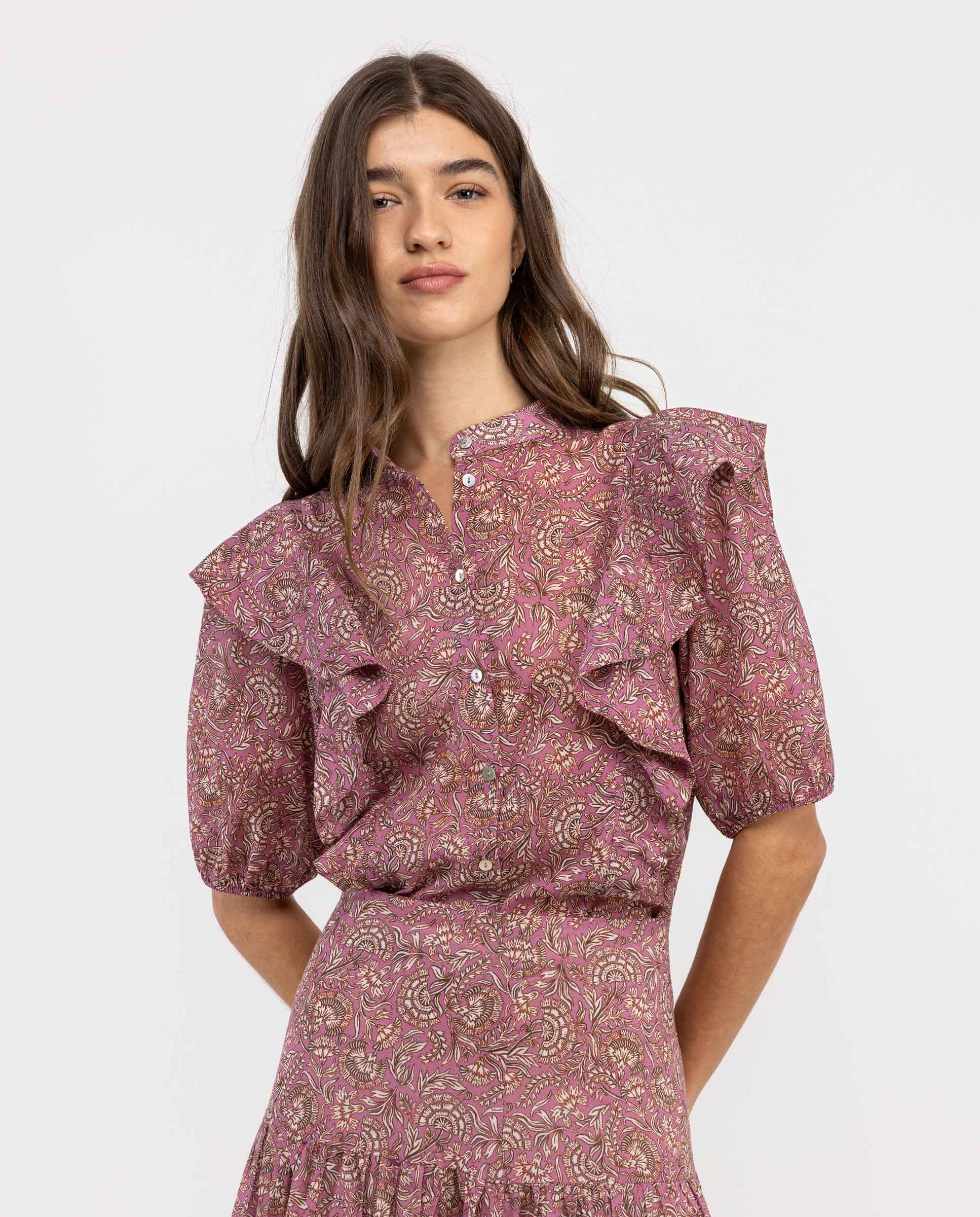 Camisa Estampada Volante Rosa