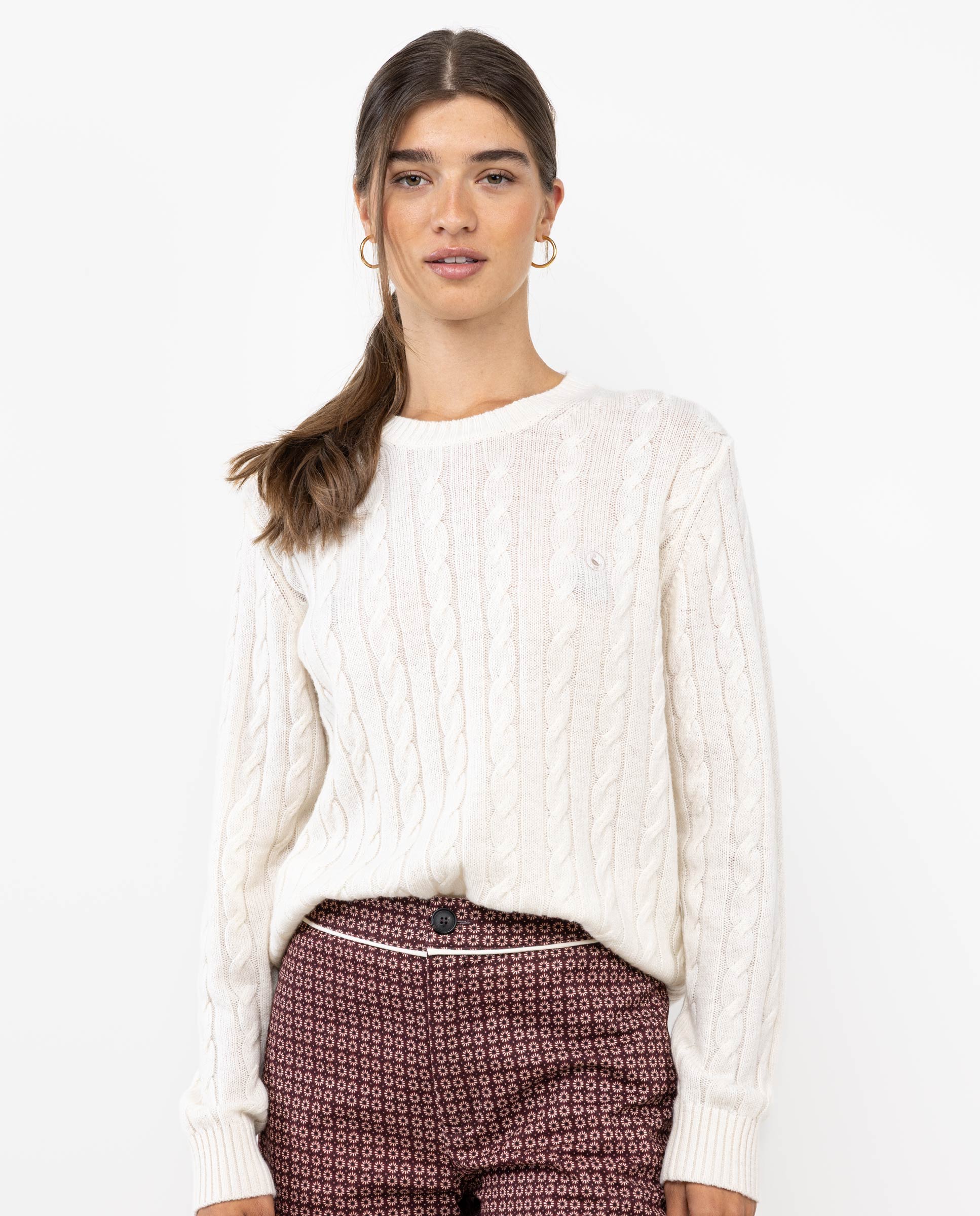 Pull Torsades Col Rond Écru