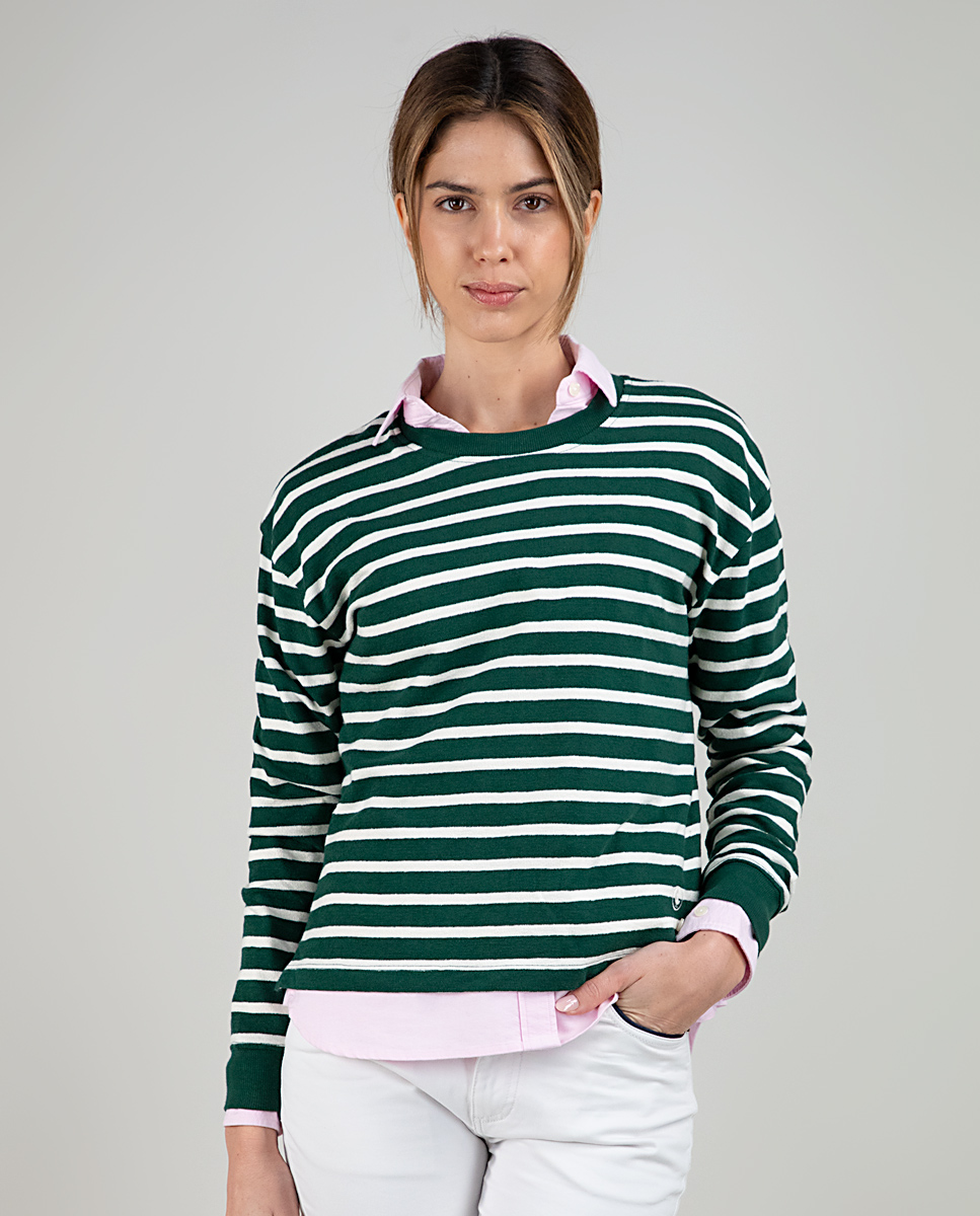 Green Nautical Sweatshirt W Cream Stripe