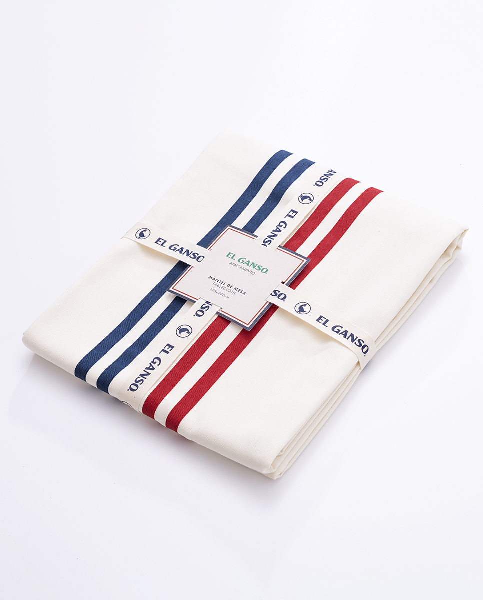 Table cloth in ecru color with red and navy blue stripes made of 100% cotton (Weight: 190 g m²). Measurements: 170*200