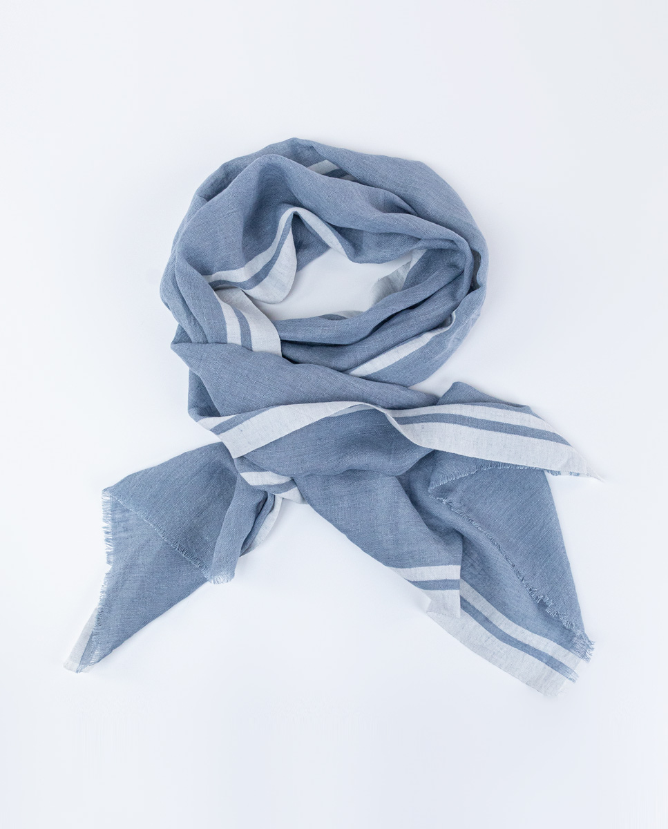 Foulard Lin Bleu Clair Bord Blanc
