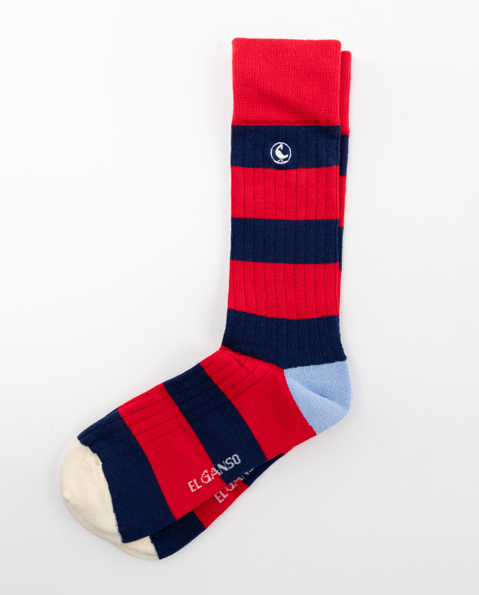 Ribbed Red Cotton Socks W Stripes