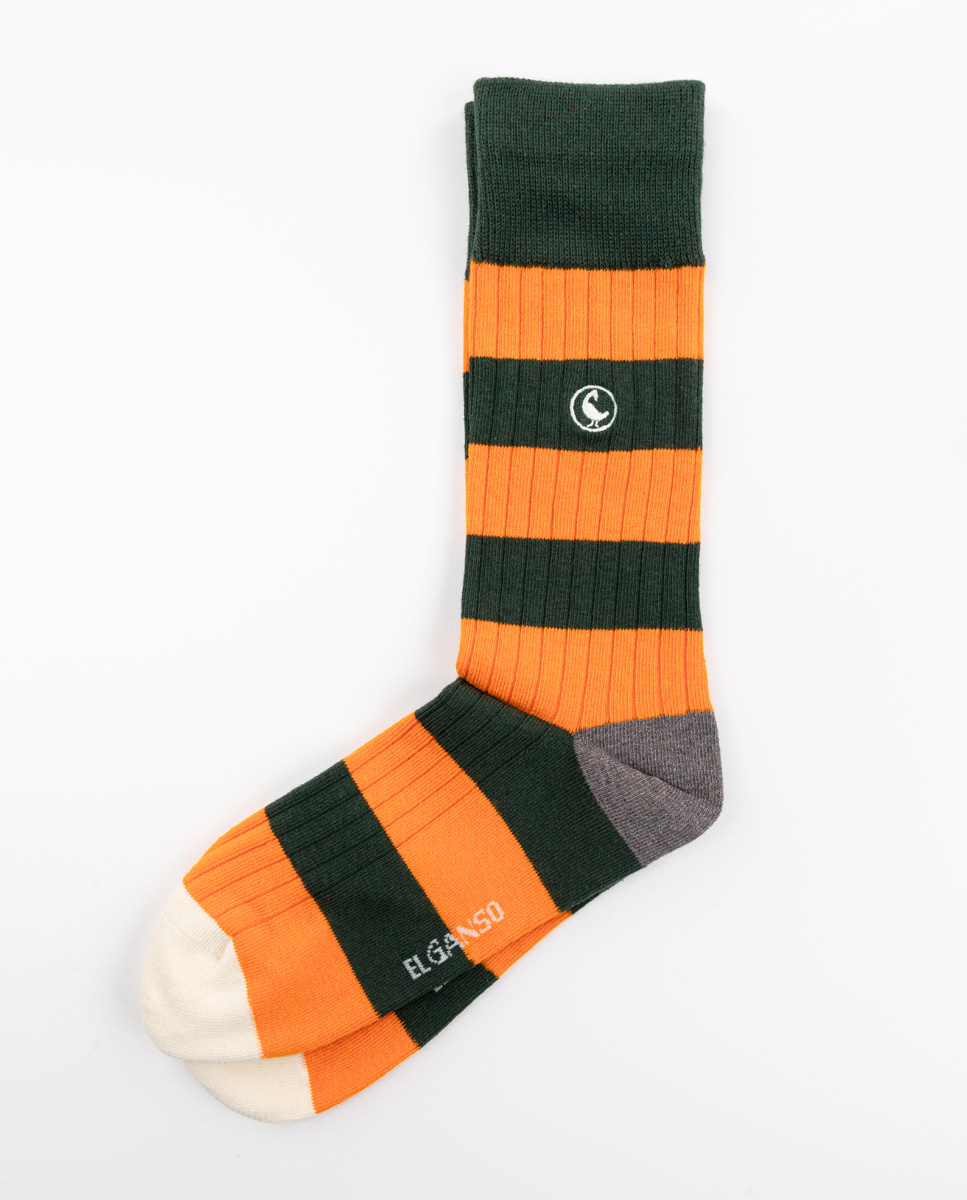 Ribbed Green Cotton Socks W Stripes