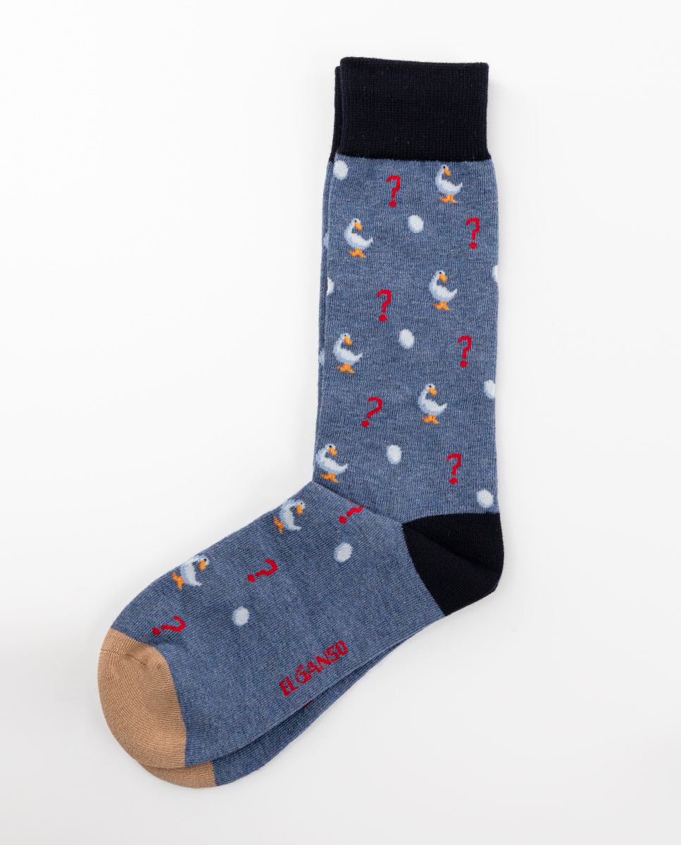 Blue Cotton Socks W Question Marks and Geese