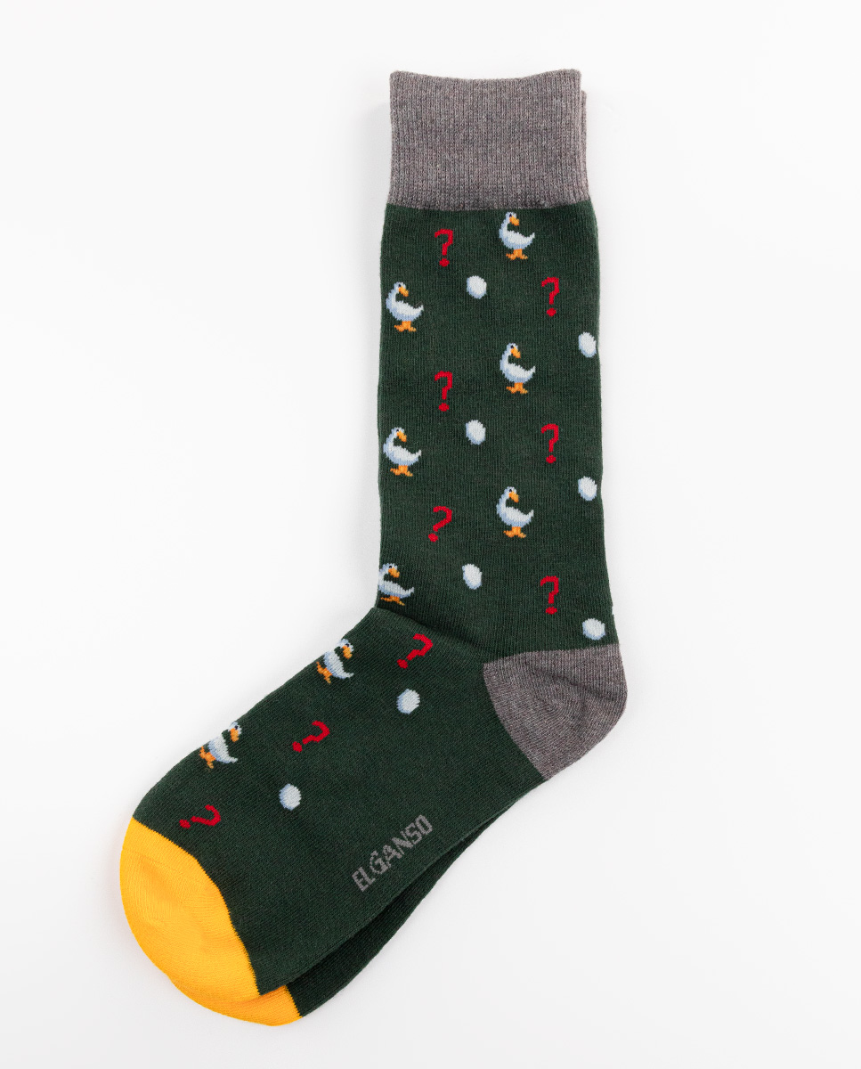 Green Cotton Socks W Question Marks and Geese