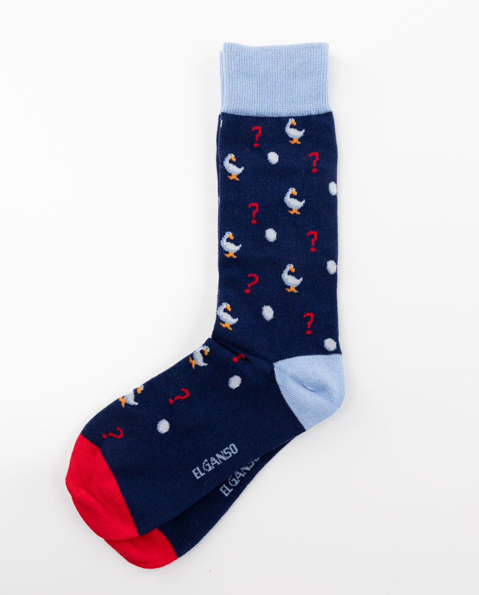 Navy Cotton Socks W Question Marks and Geese