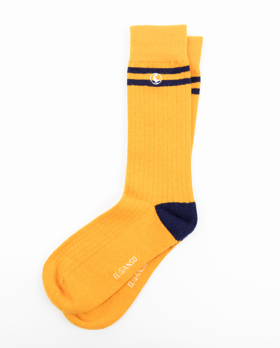 Strumpf Wolle Streifen Canalé Senf