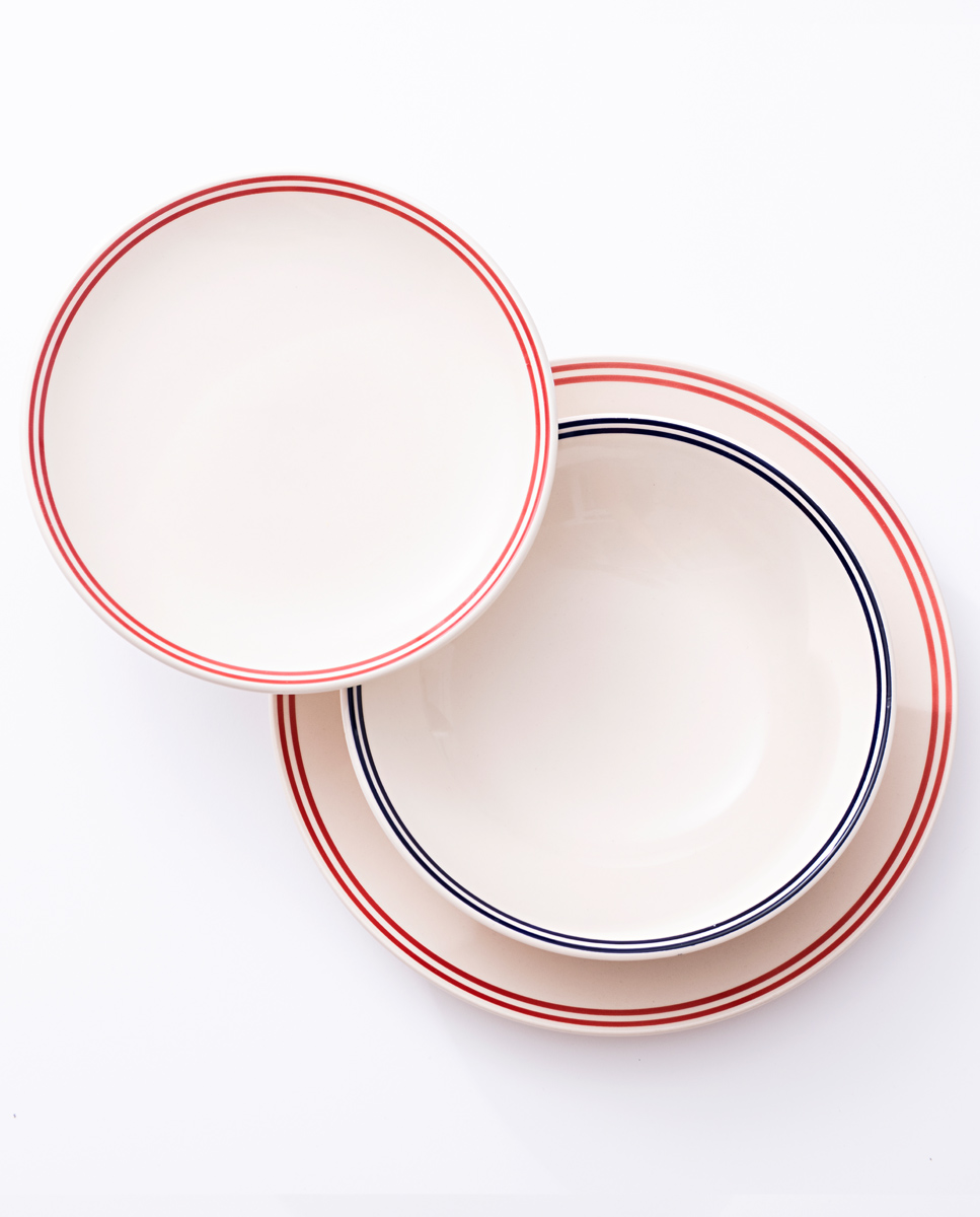 White Dinnerware W Striped Border - 4 Guests - 12 Pieces